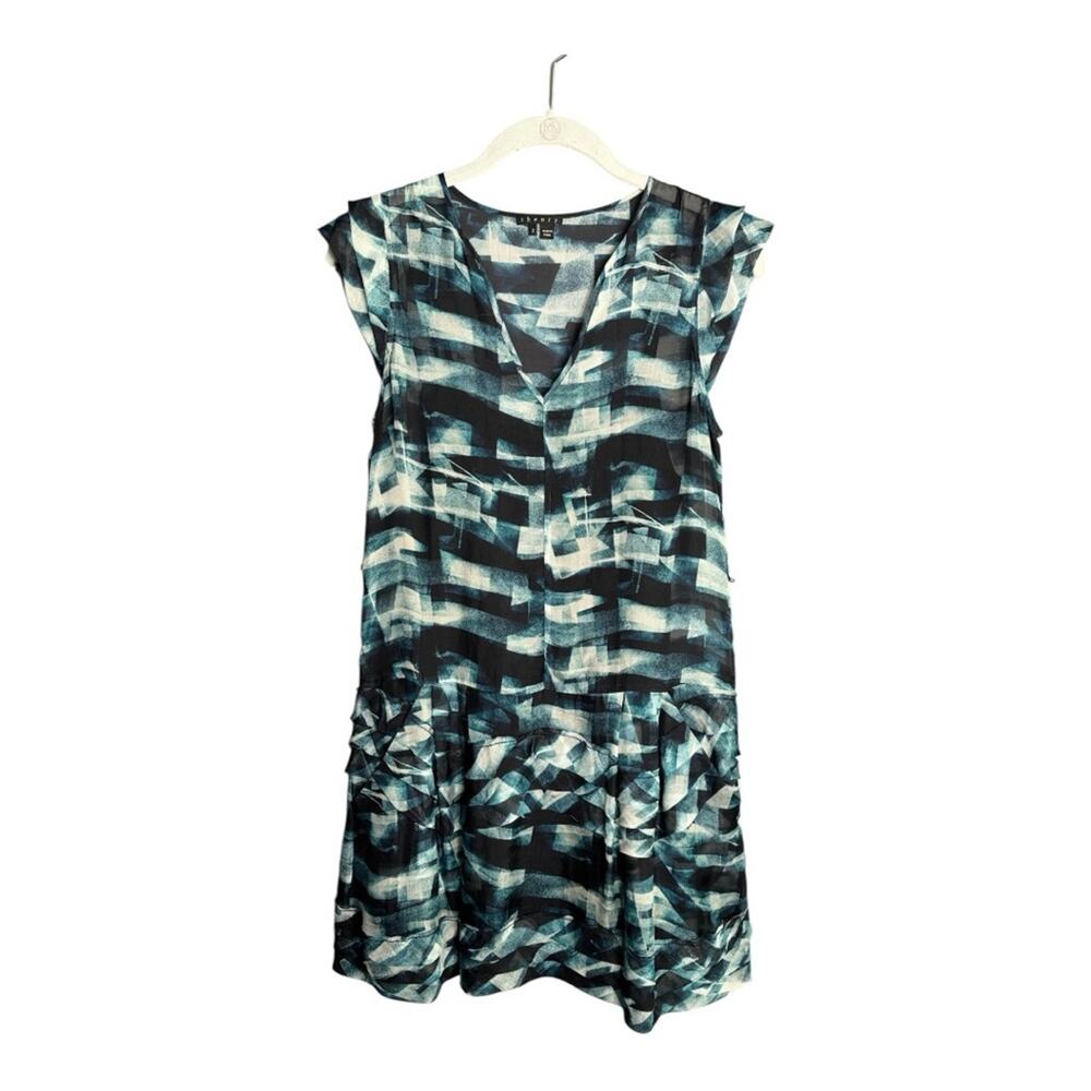 Theory Blue Black Printed Silk Drop Waist Short Sleeve Dress 2